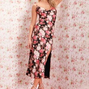 Lulus Black Floral Print Satin Lace-up Midi Dress